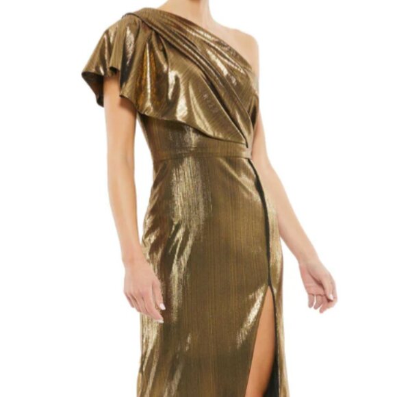 MAC DUGGAL 26600 RUFFLED ONE SHOULDER METALLIC EVENING BRONZE GOWN DRESS 8 - Picture 1 of 5
